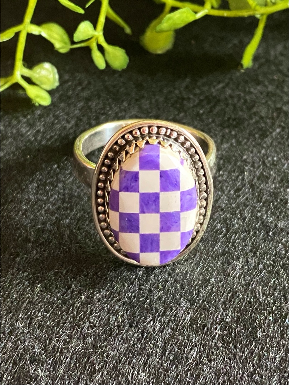 R33 Purple & white sterling silver checkerboard ring •adjustable|sizes 6-8